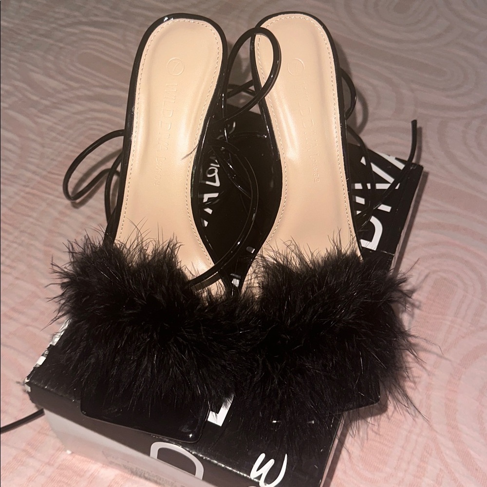 Wild Pair Black Furry Heels